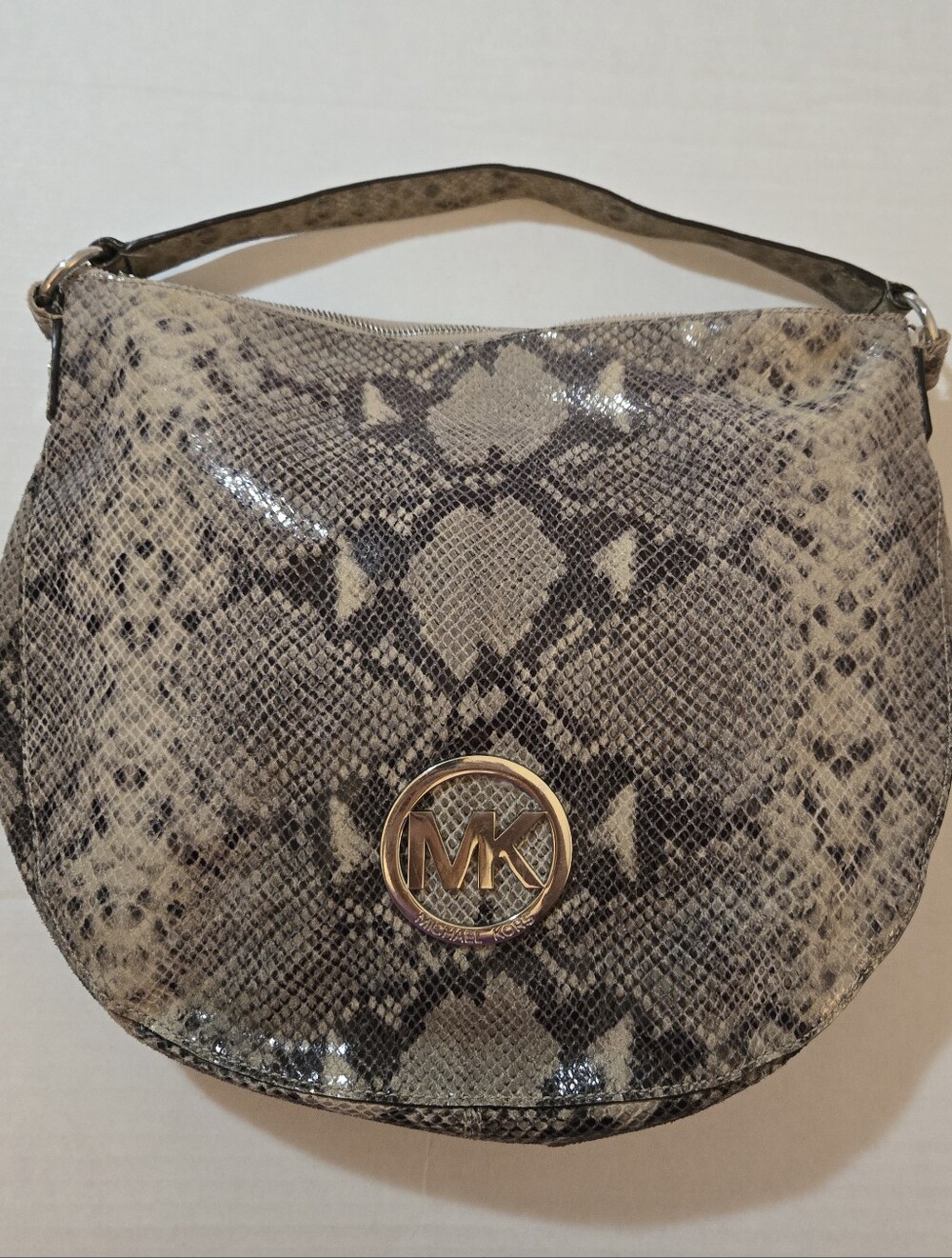 Michael Kors Fulton Python Embossed Leather Hobo Bag Gold MK Medallion